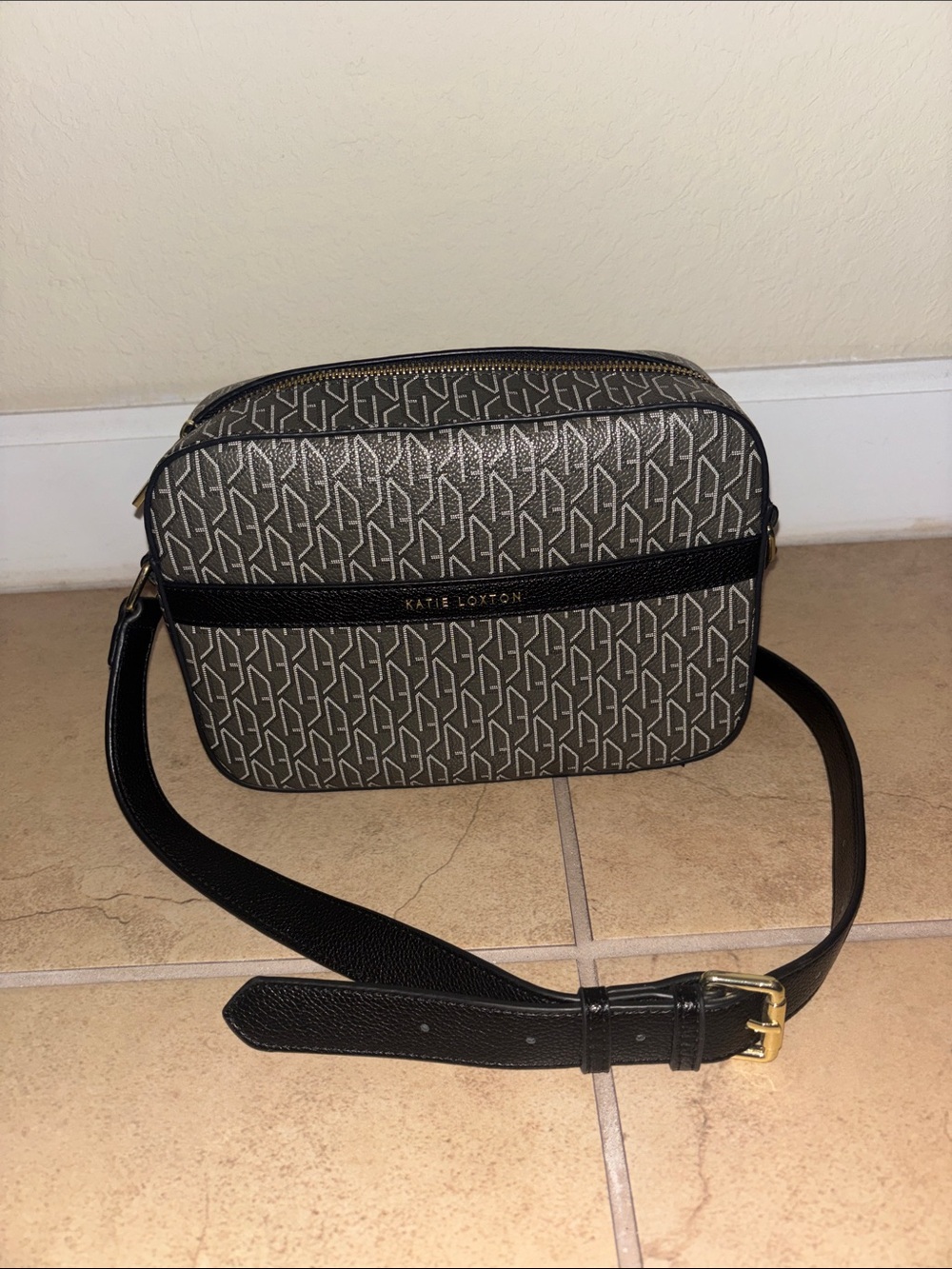 Katie Loxton Monogram Crossbody Bag in Beige and Black